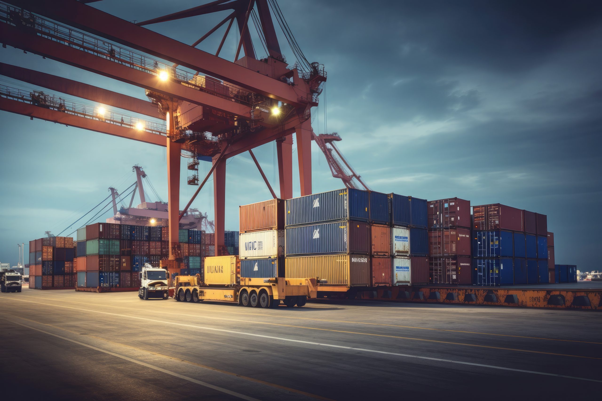 Logistics and transportation of Container Cargo ship and Cargo plane with working crane bridge in shipyard at sunrise, logistic import export and transport industry background. Ai generative. freepik. chandlervid85.